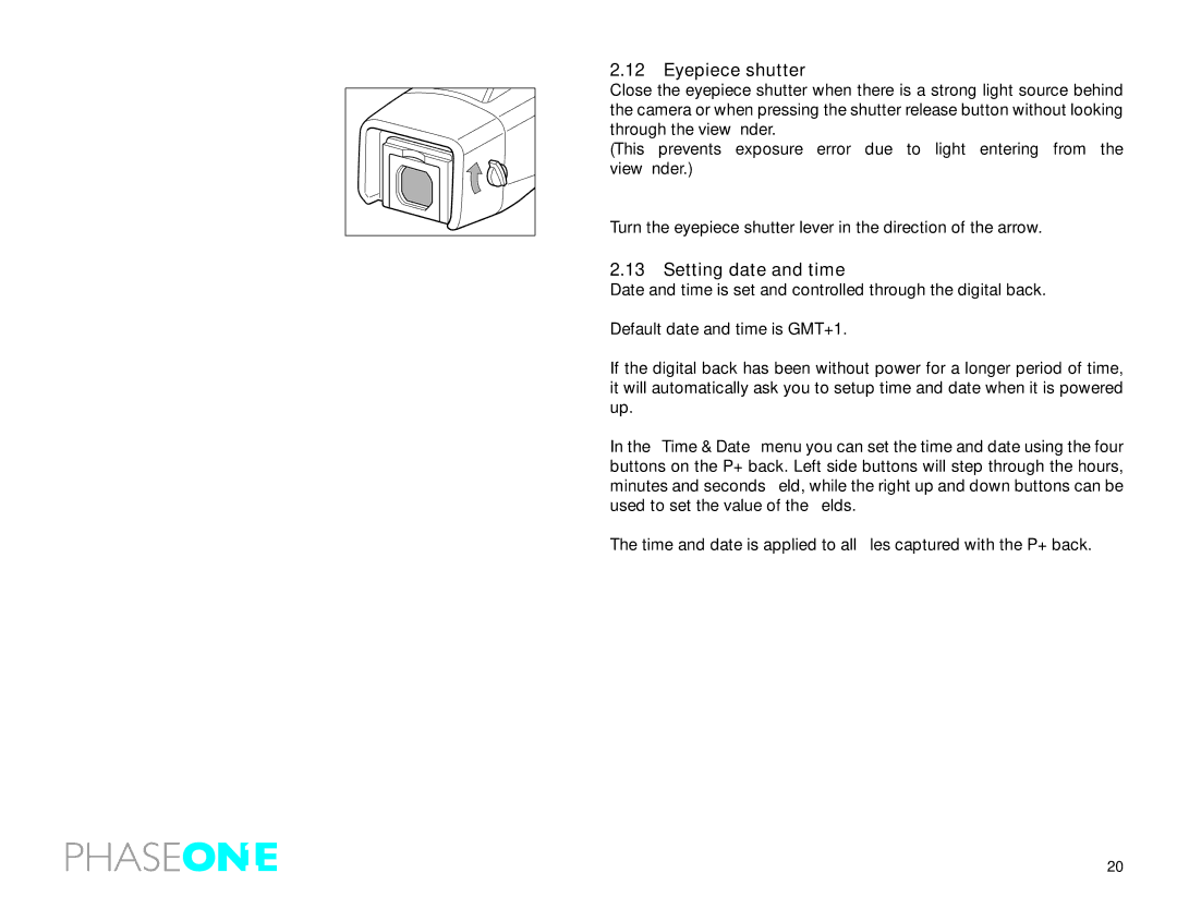 Phase One 645 AF manual Eyepiece shutter, Setting date and time 