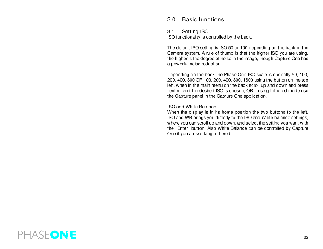 Phase One 645 AF manual Basic functions, Setting ISO, ISO and White Balance 