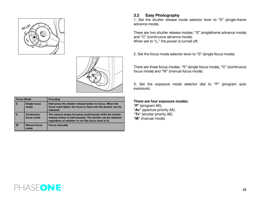 Phase One 645 AF manual Easy Photography, There are four exposure modes P program AE 
