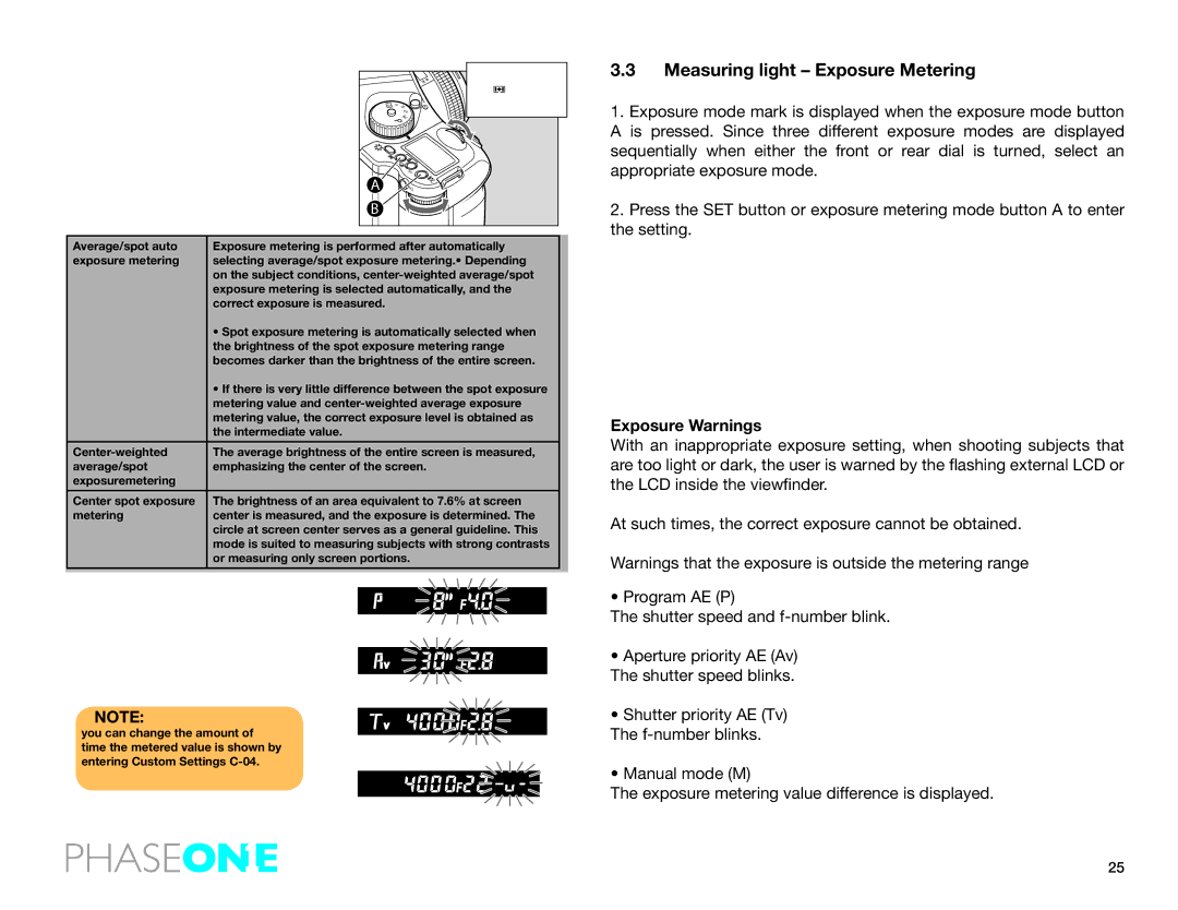 Phase One 645 AF manual Measuring light Exposure Metering, Exposure Warnings 