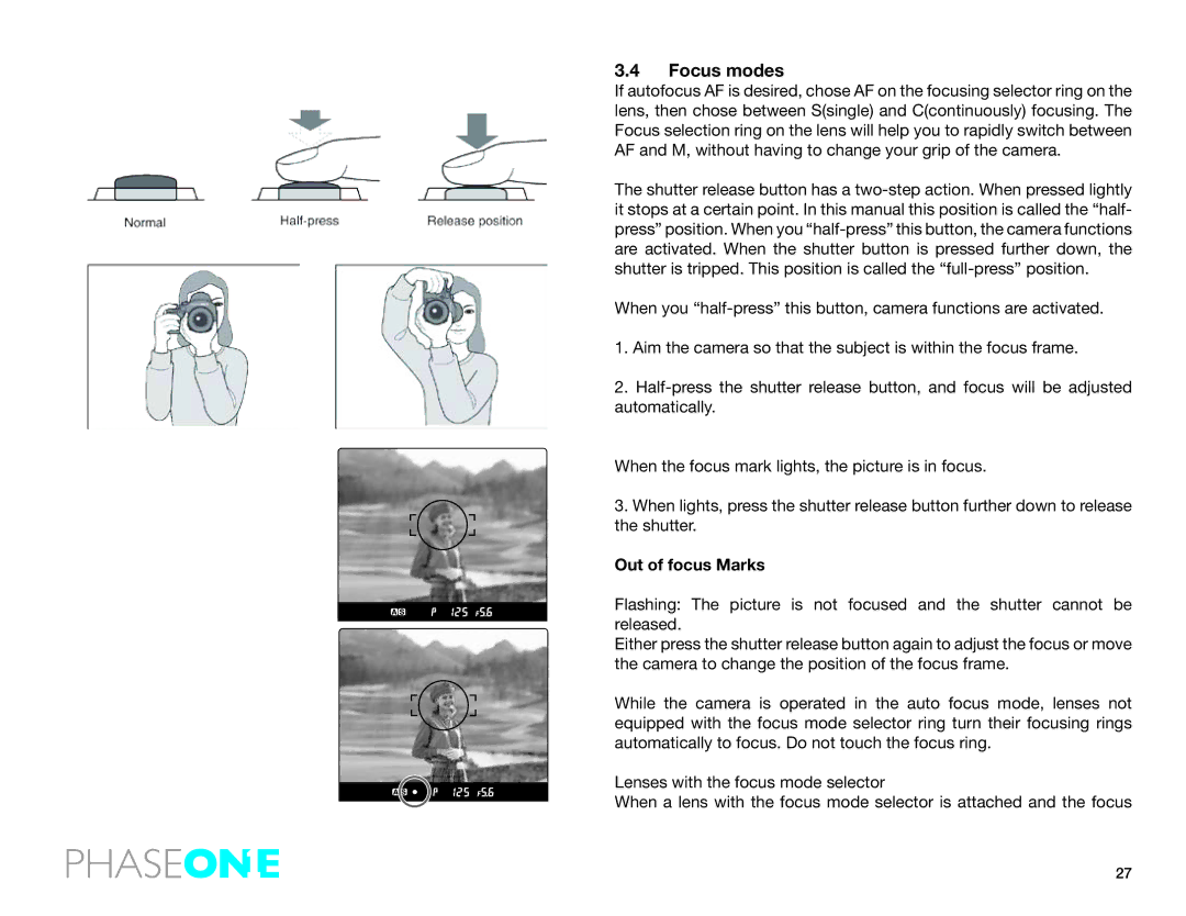 Phase One 645 AF manual Focus modes, Out of focus Marks 