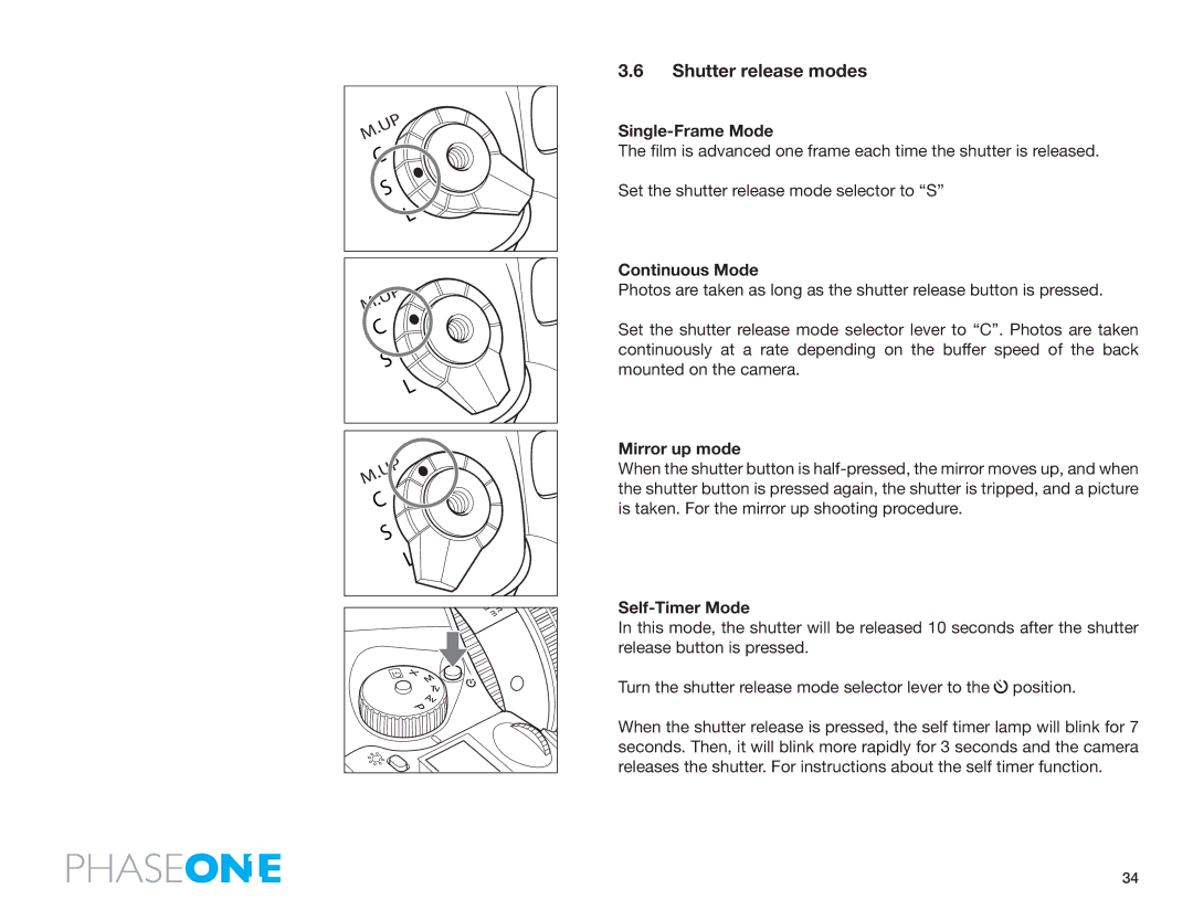 Phase One 645 AF manual Shutter release modes, Single-Frame Mode, Continuous Mode, Mirror up mode, Self-Timer Mode 