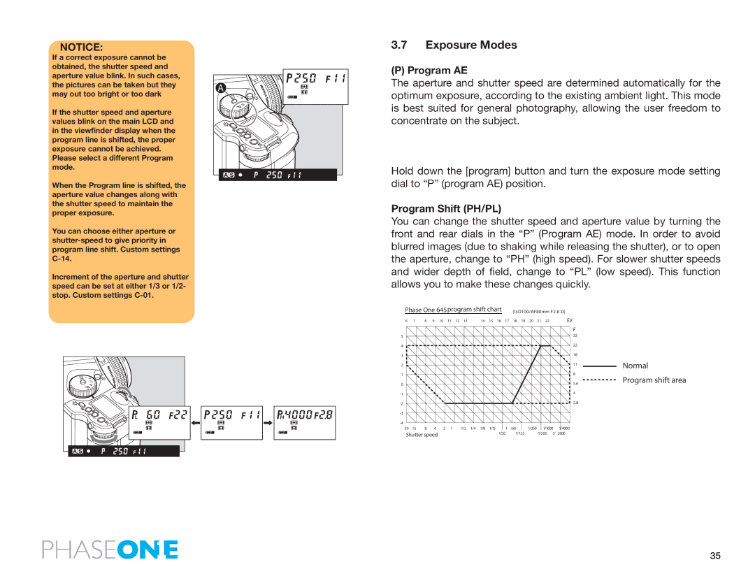 Phase One 645 AF manual Exposure Modes, Program AE, Program Shift PH/PL 