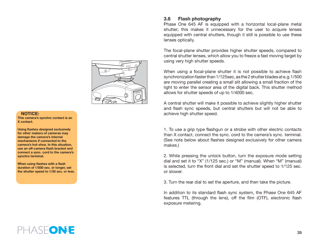 Phase One 645 AF manual Flash photography, This camera’s synchro contact is an X contact 