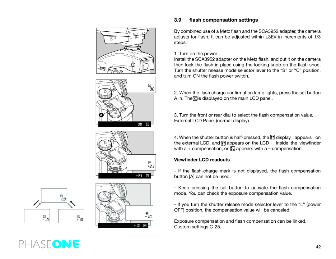 Phase One 645 AF manual Flash compensation settings, Viewfinder LCD readouts 