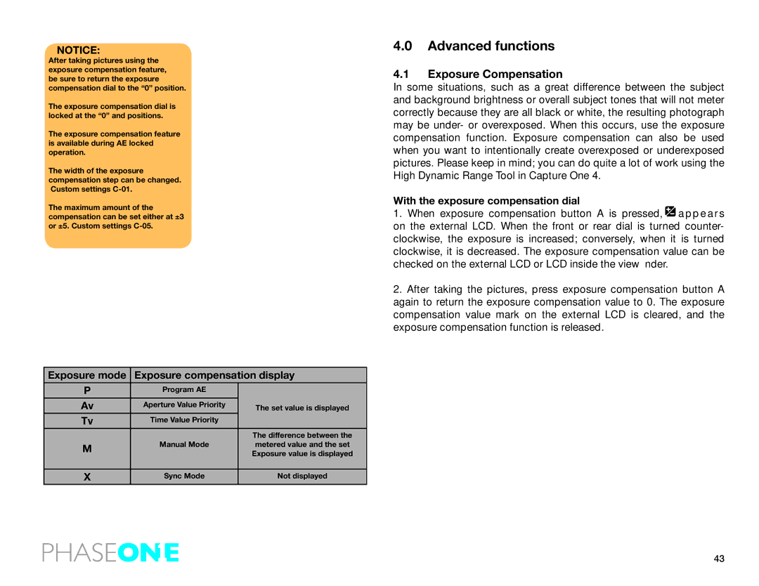 Phase One 645 AF manual Advanced functions, Exposure Compensation, Exposure mode Exposure compensation display 