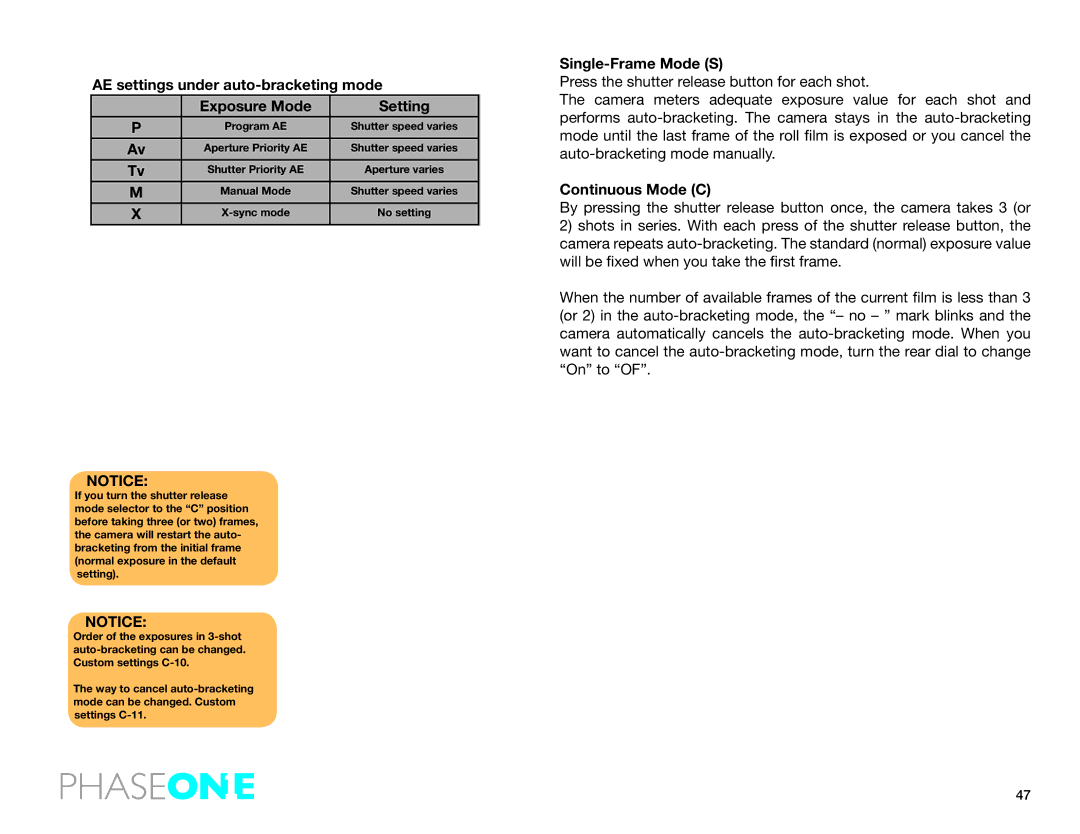 Phase One 645 AF manual Single-Frame Mode S, Continuous Mode C 
