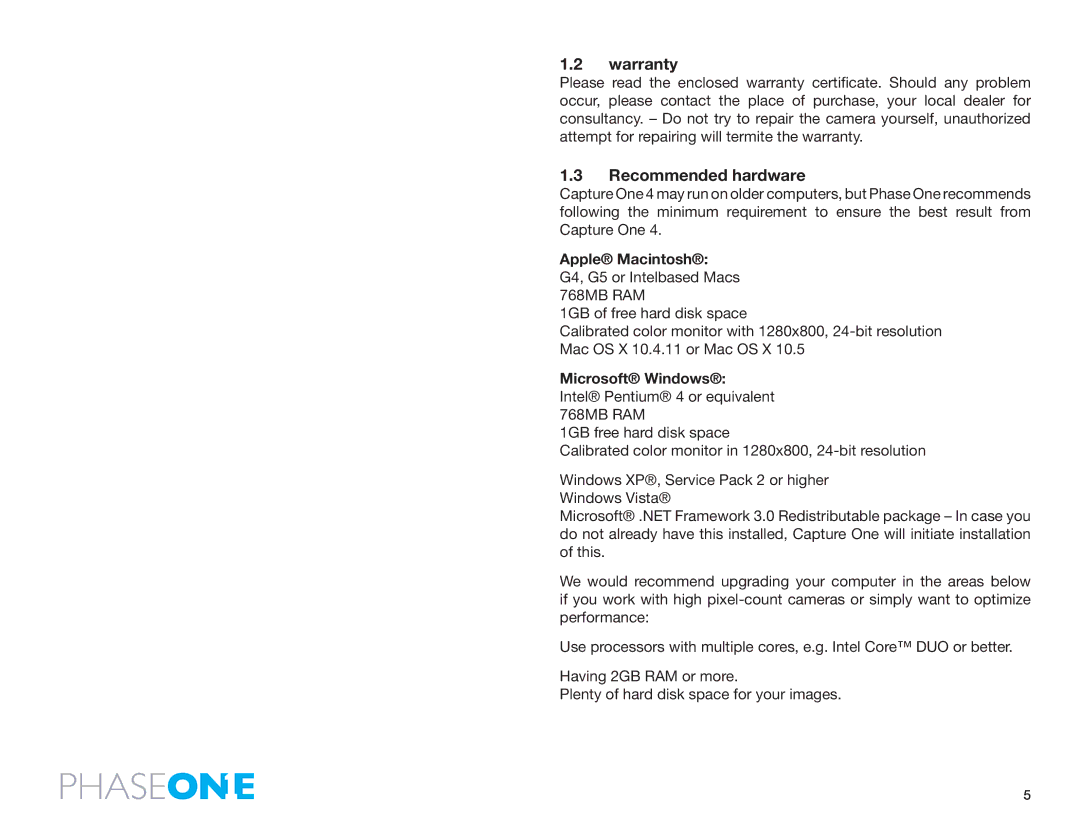 Phase One 645 AF manual Warranty, Recommended hardware, Microsoft Windows 