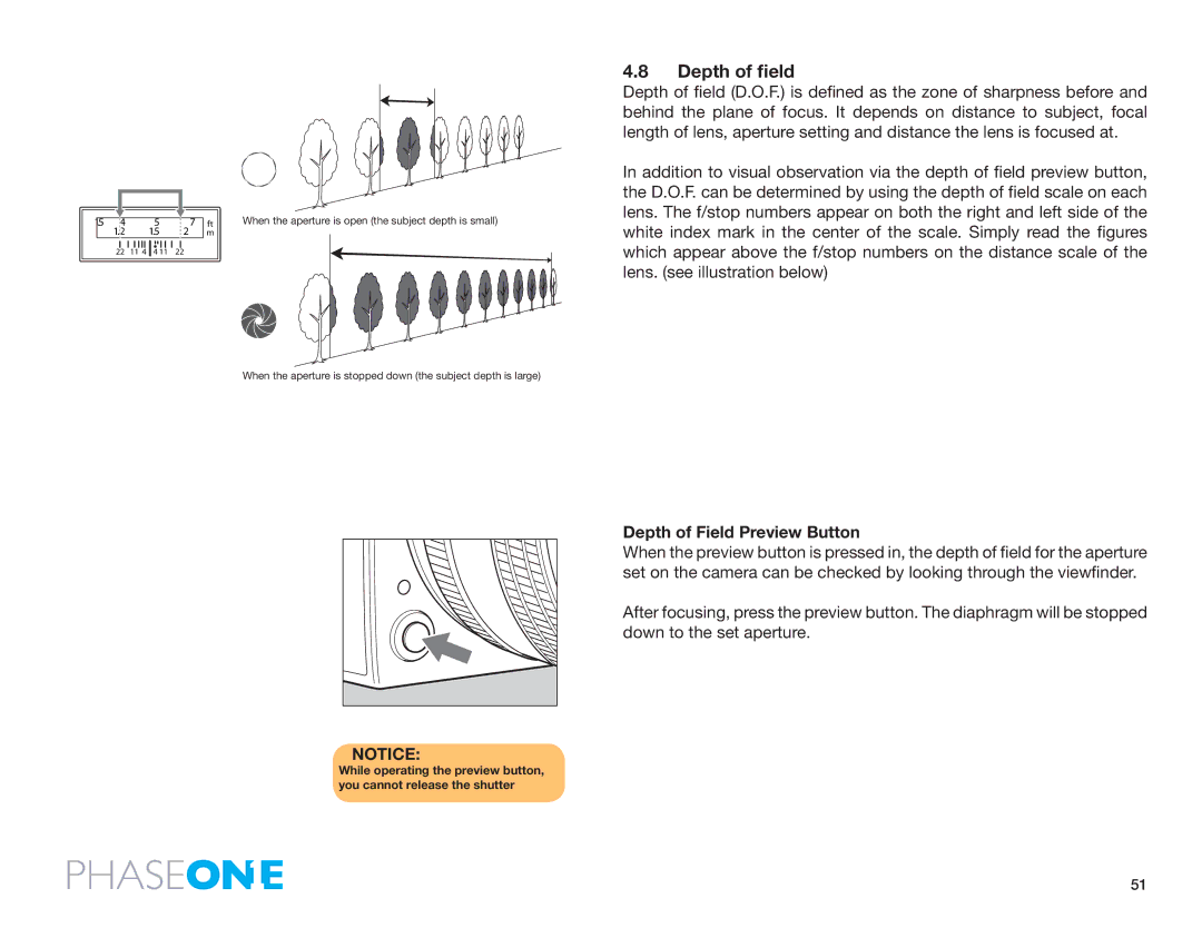 Phase One 645 AF manual Depth of field, Depth of Field Preview Button 