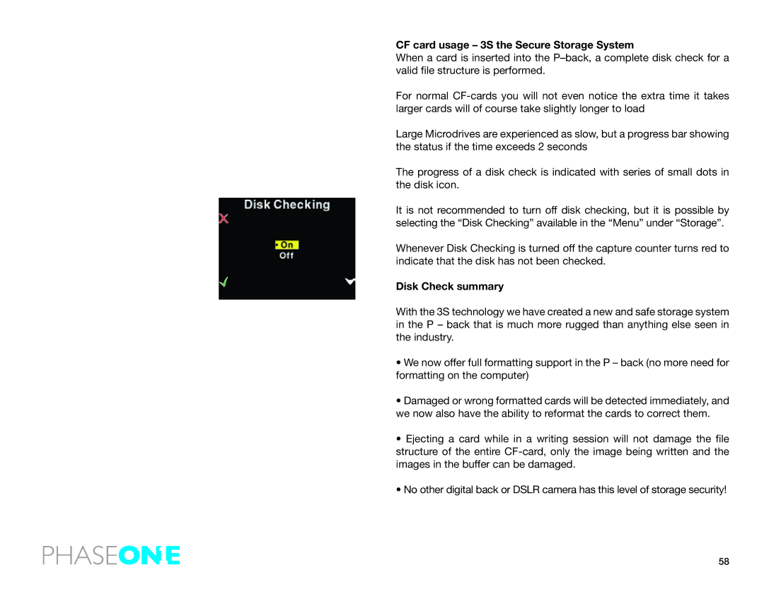 Phase One 645 AF manual CF card usage 3S the Secure Storage System, Disk Check summary 