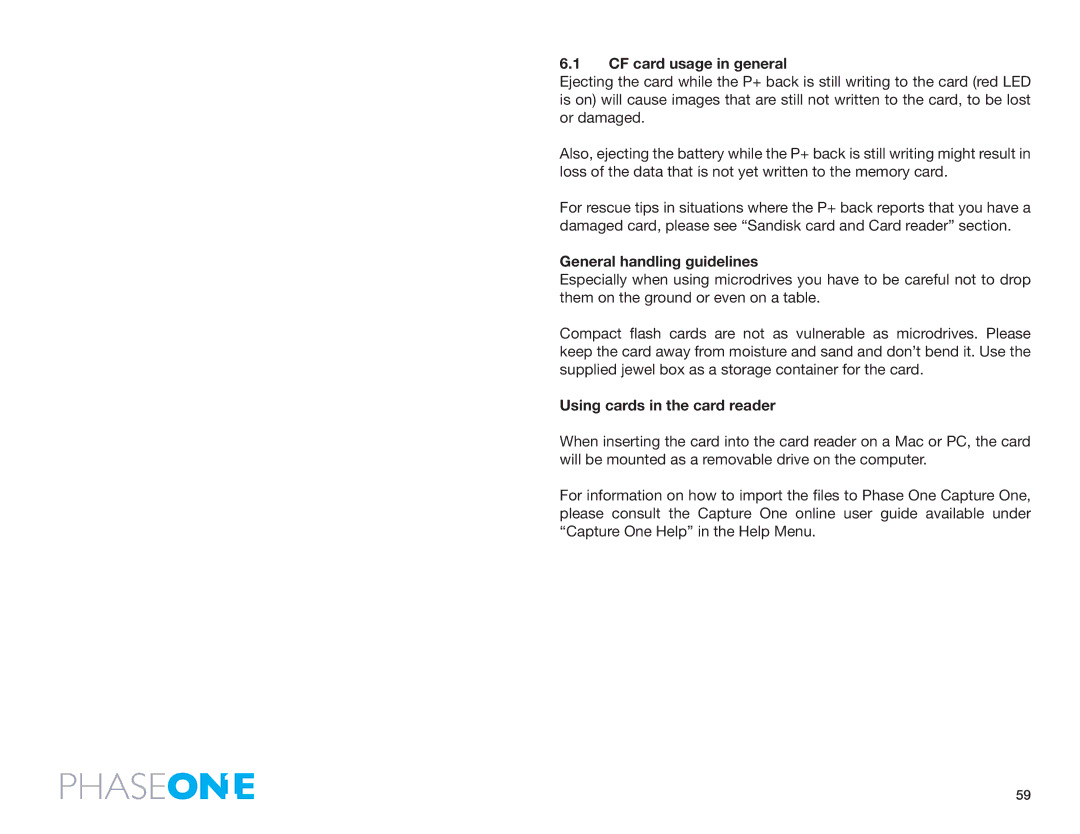 Phase One 645 AF manual CF card usage in general, General handling guidelines, Using cards in the card reader 