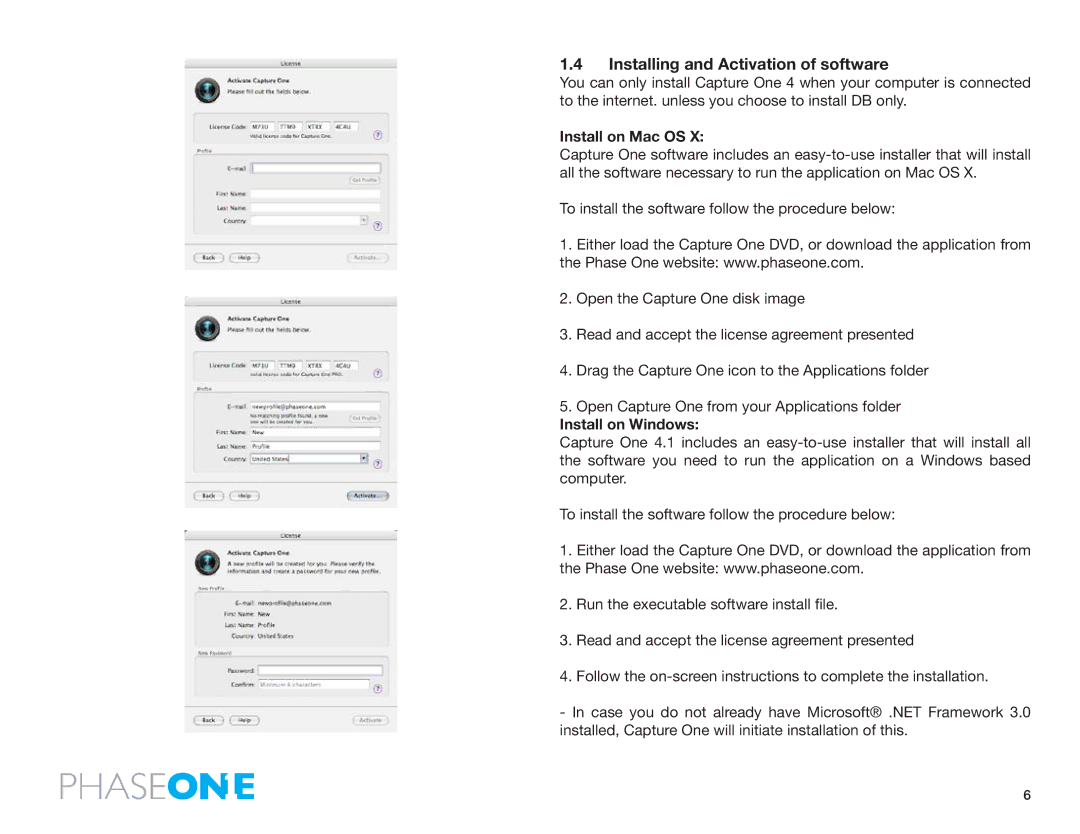 Phase One 645 AF manual Installing and Activation of software, Install on Mac OS, Install on Windows 
