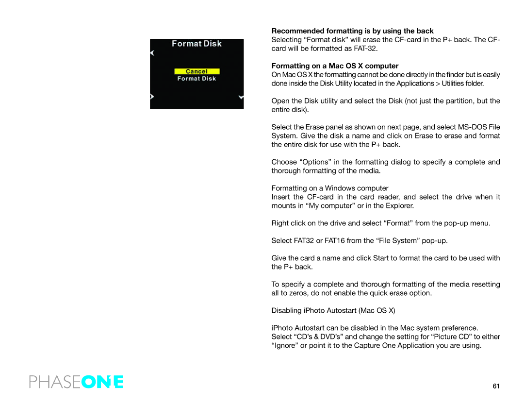 Phase One 645 AF manual Recommended formatting is by using the back, Formatting on a Mac OS X computer 