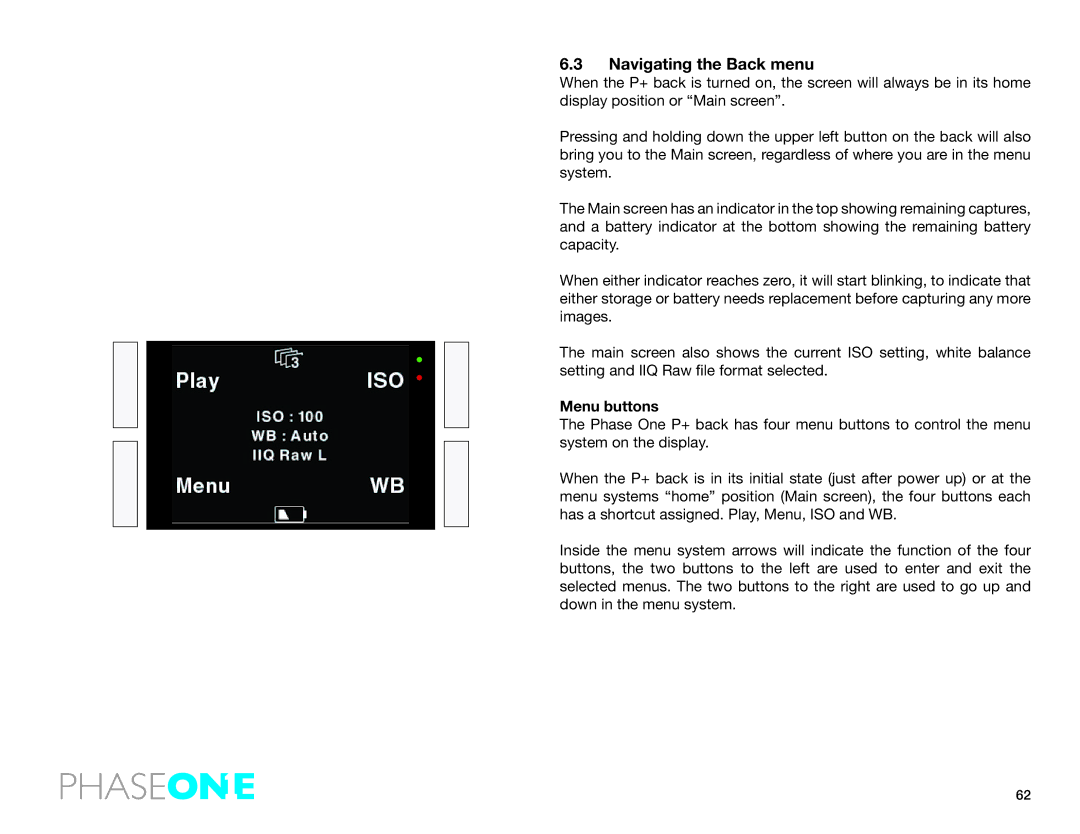 Phase One 645 AF manual Navigating the Back menu, Menu buttons 