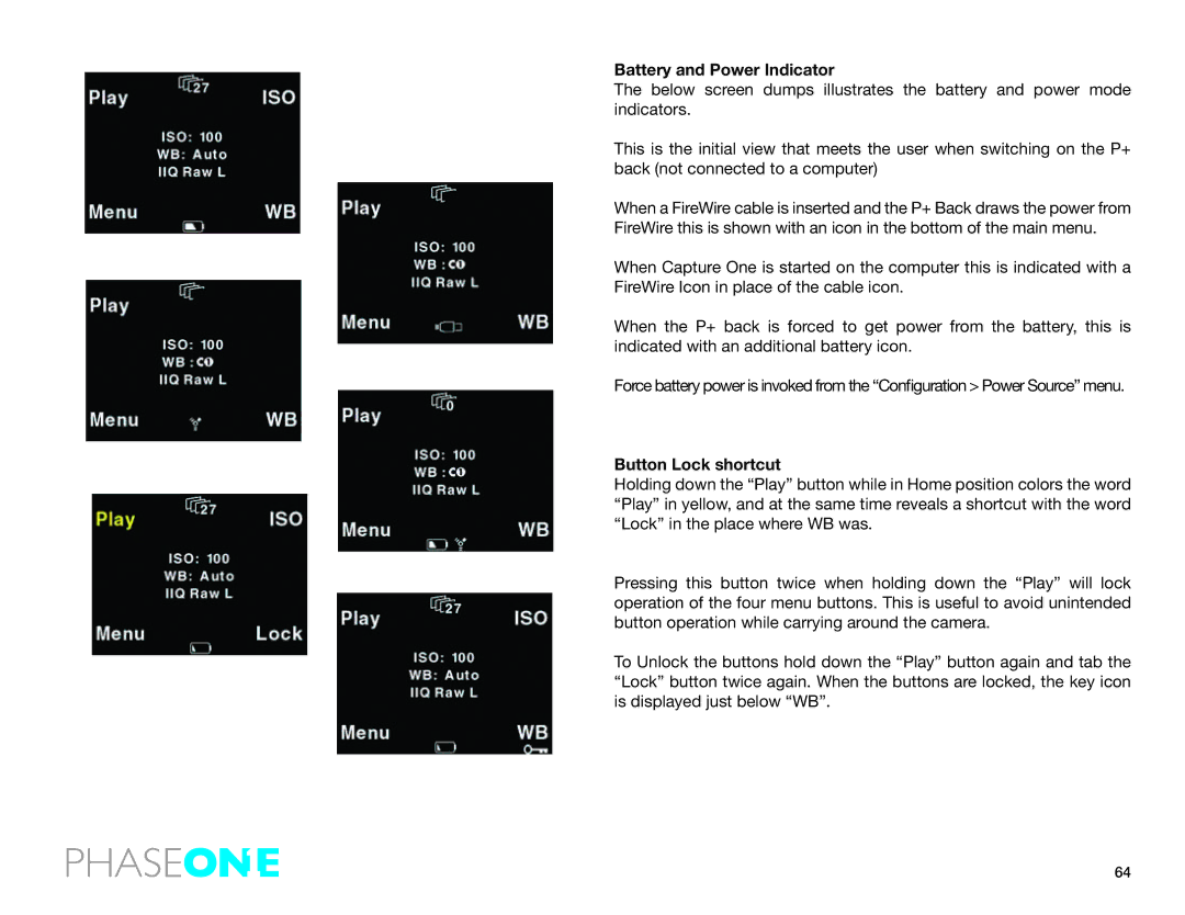 Phase One 645 AF manual Battery and Power Indicator, Button Lock shortcut 