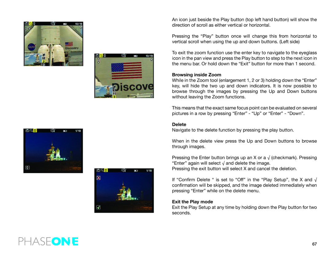Phase One 645 AF manual Browsing inside Zoom, Delete, Exit the Play mode 