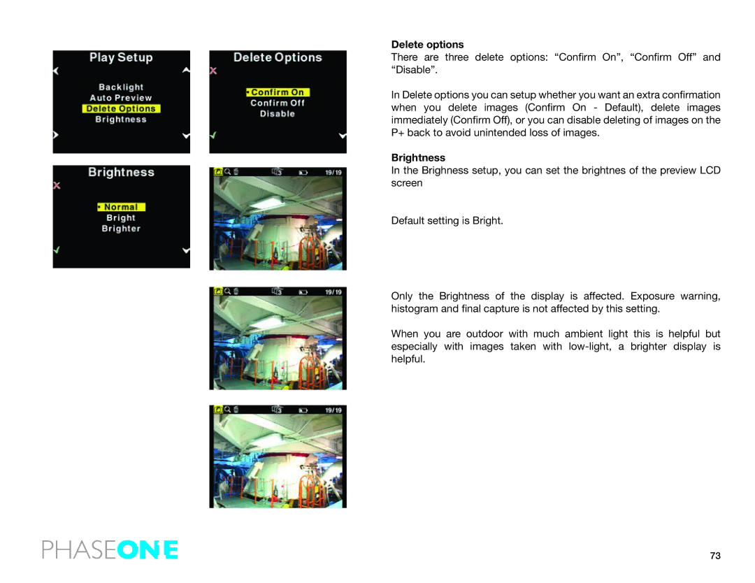 Phase One 645 AF manual Delete options, Brightness 