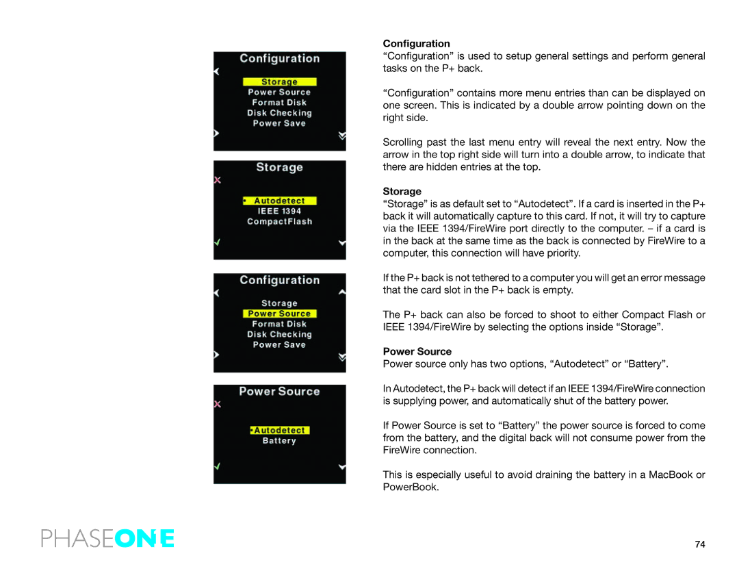 Phase One 645 AF manual Configuration, Storage, Power Source 