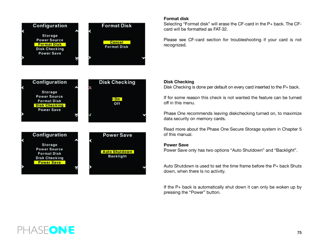 Phase One 645 AF manual Format disk, Disk Checking, Power Save 