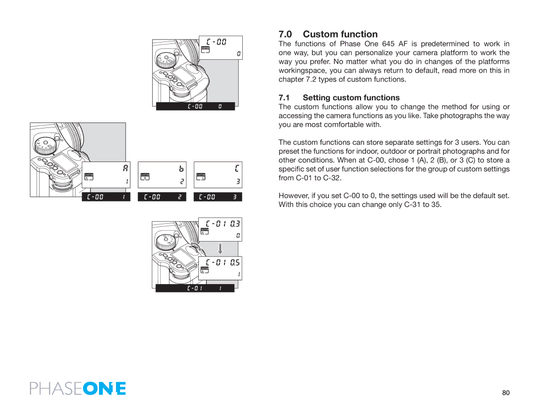 Phase One 645 AF manual Custom function, Setting custom functions 