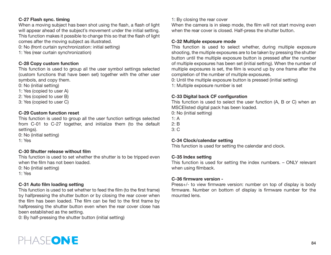 Phase One 645 AF manual Flash sync. timing, Copy custom function, Custom function reset, Shutter release without film 