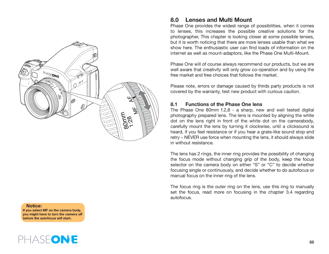 Phase One 645 AF manual Lenses and Multi Mount, Functions of the Phase One lens 