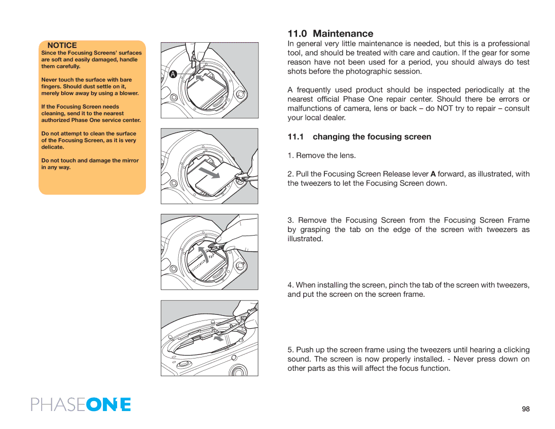 Phase One 645 AF manual Maintenance, Changing the focusing screen 