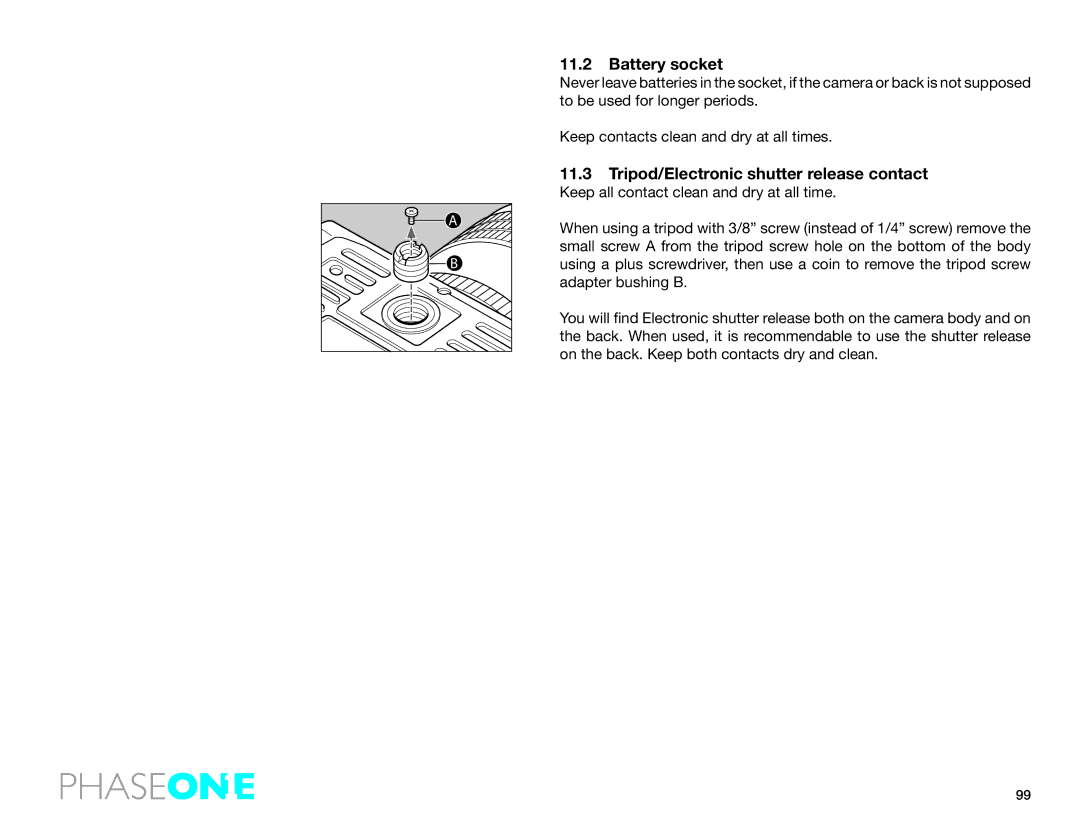 Phase One 645 AF manual Battery socket, Tripod/Electronic shutter release contact 