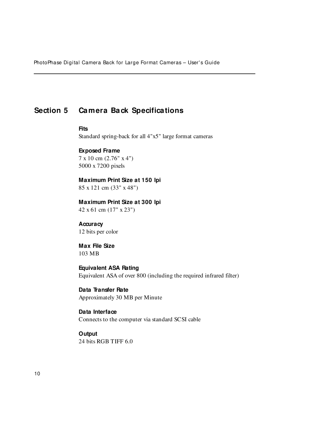 Phase One 85280002 manual Camera Back Specifications 