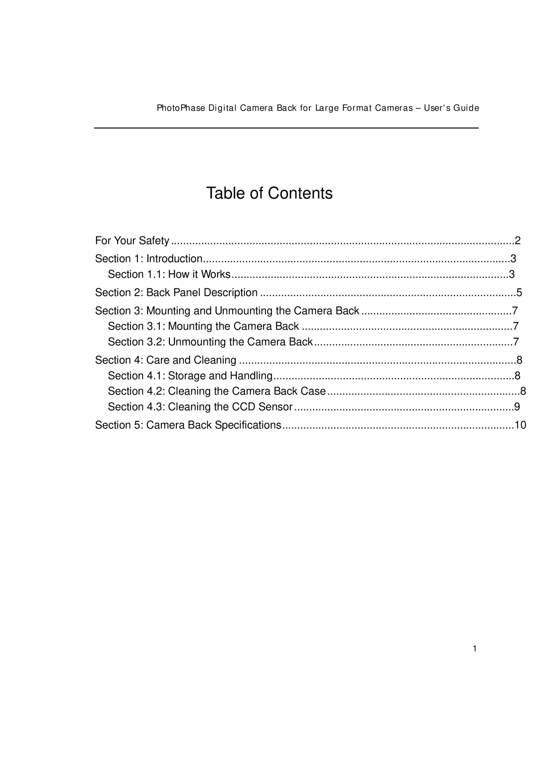 Phase One 85280002 manual Table of Contents 