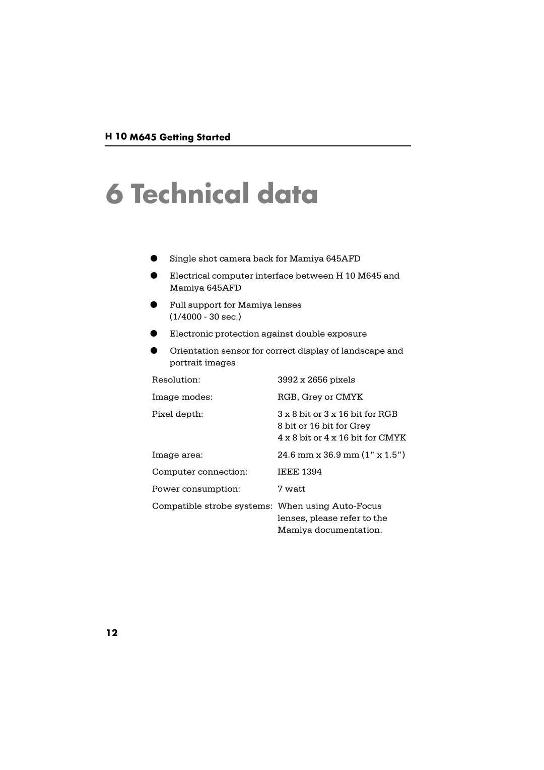 Phase One H 10 M645 manual Technical data 