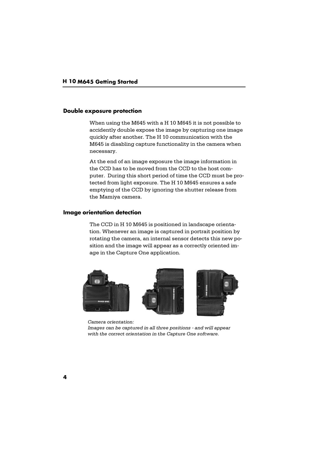 Phase One H 10 M645 manual 10 M645 Getting Started Double exposure protection, Image orientation detection 