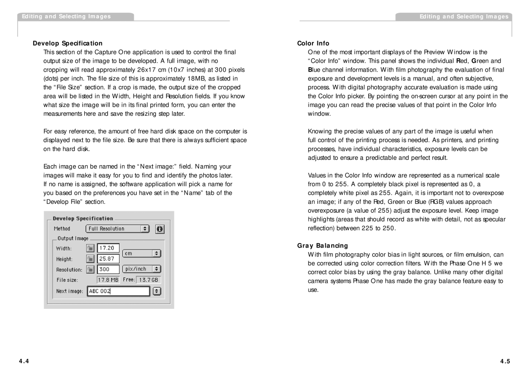 Phase One H 5 manual Develop Specification, Color Info, Gray Balancing 