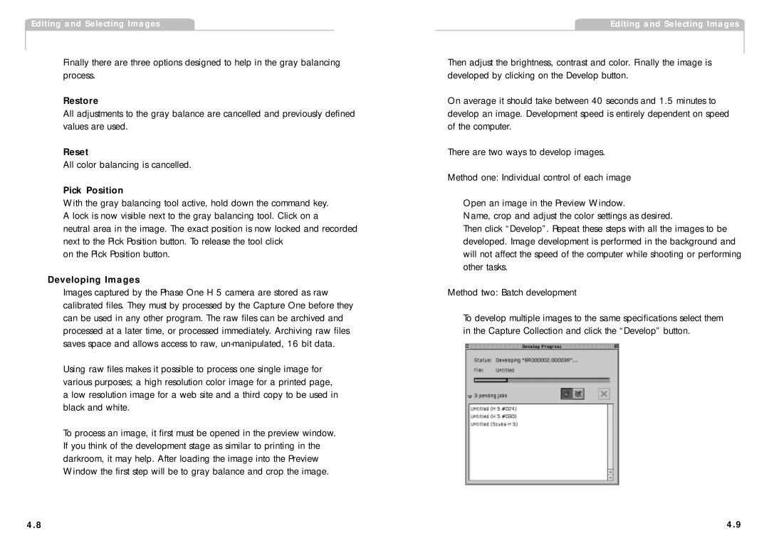 Phase One H 5 manual Restore, Reset, Pick Position, Developing Images 