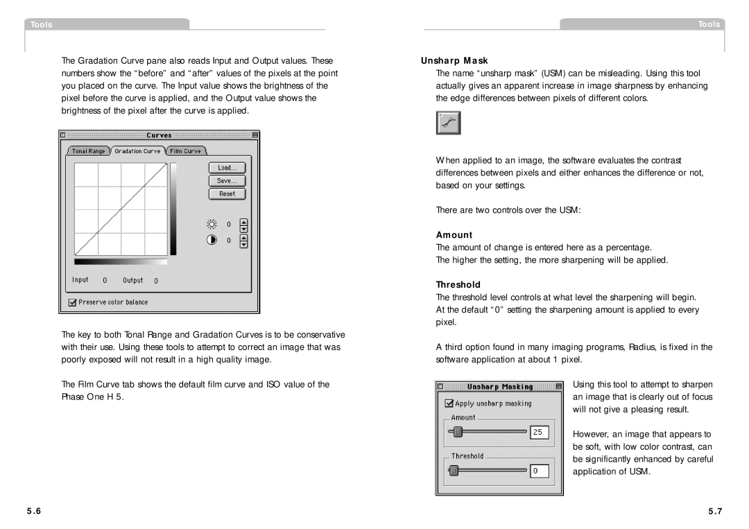 Phase One H 5 manual Unsharp Mask, Amount, Threshold 