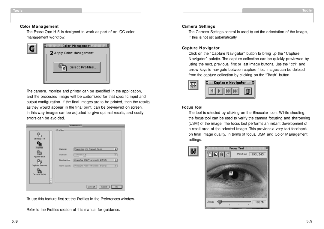 Phase One H 5 manual Color Management, Camera Settings, Capture Navigator, Focus Tool 