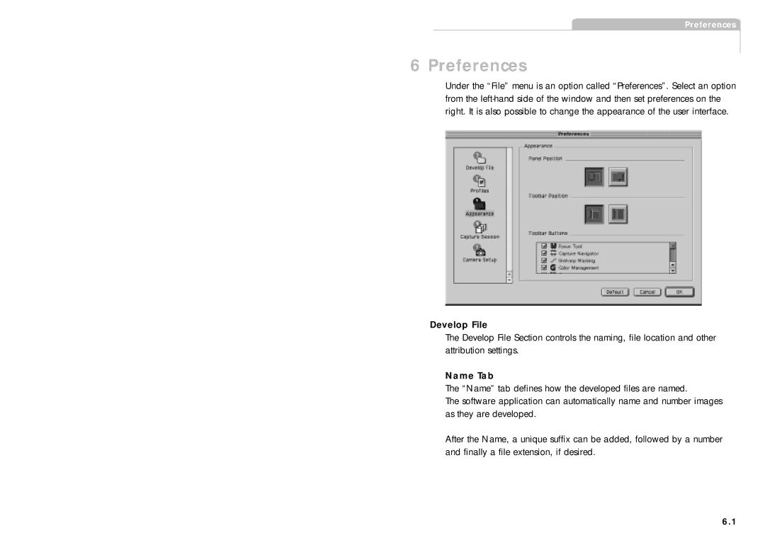 Phase One H 5 manual Preferences, Develop File, Name Tab 