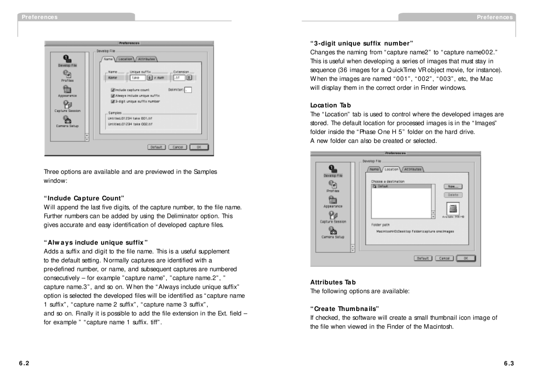 Phase One H 5 manual Include Capture Count, Always include unique suffix, Digit unique suffix number, Location Tab 