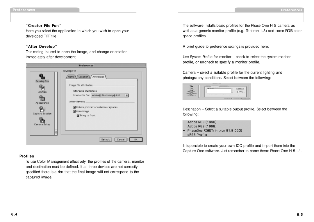 Phase One H 5 manual Creator File For, After Develop, Profiles 