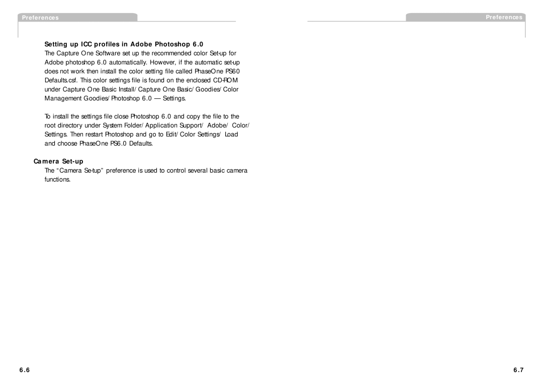Phase One H 5 manual Setting up ICC profiles in Adobe Photoshop, Camera Set-up 