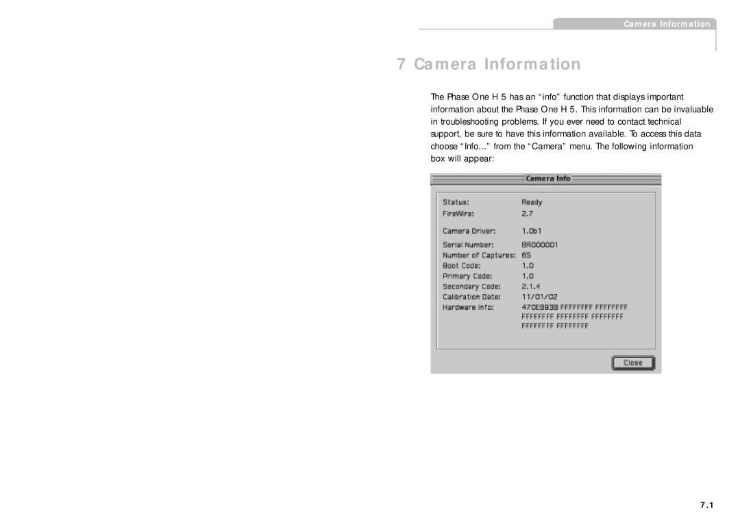 Phase One H 5 manual Camera Information 