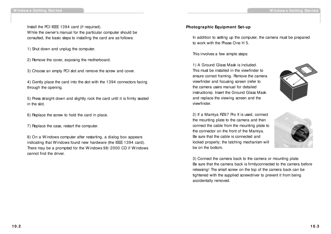 Phase One H 5 manual Photographic Equipment Set-up, 10.2 10.3 