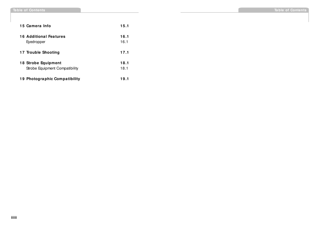 Phase One H 5 manual Table of Contents 