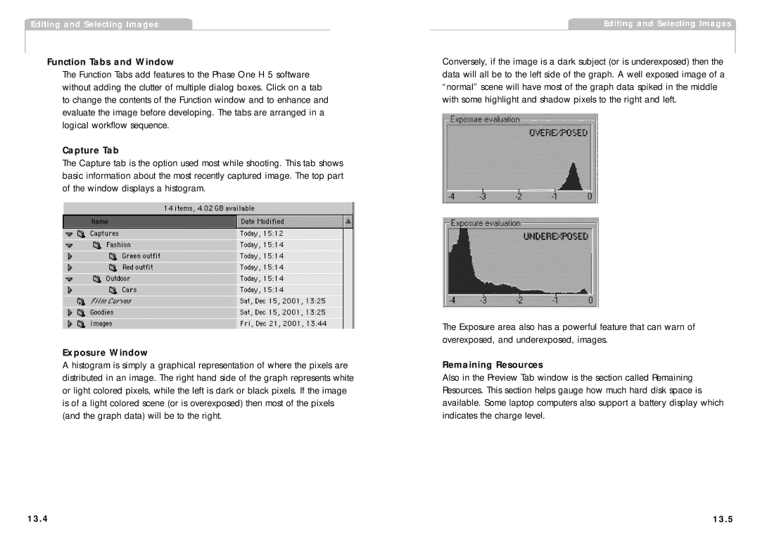 Phase One H 5 manual Function Tabs and Window, Capture Tab, Exposure Window, Remaining Resources, 13.4 13.5 