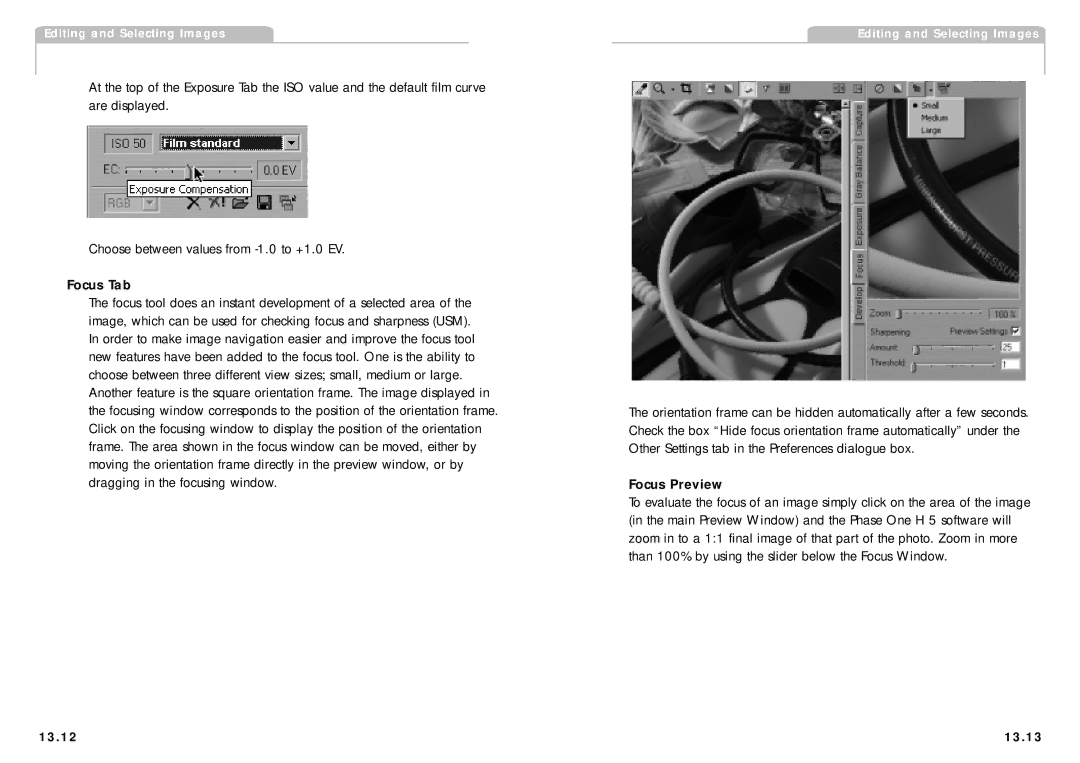 Phase One H 5 manual Focus Tab, Focus Preview, 13.12 13.13 