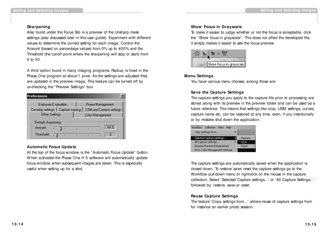 Phase One H 5 manual Sharpening, Automatic Focus Update, Show Focus in Grayscale, Menu Settings, Save the Capture Settings 