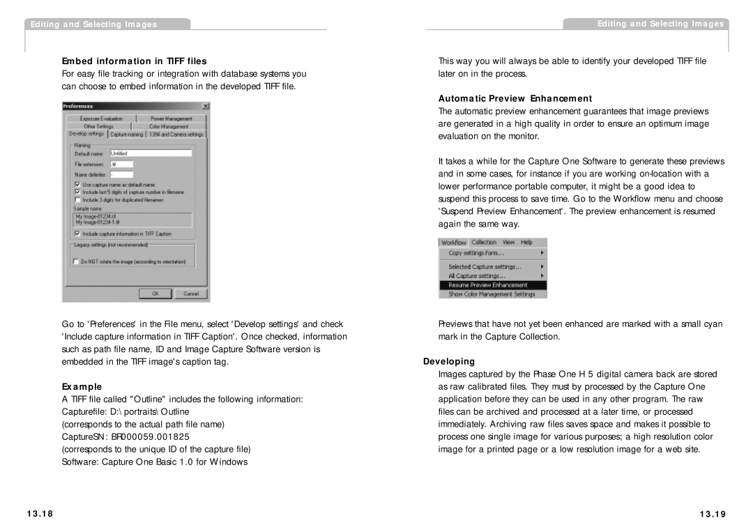 Phase One H 5 manual Embed information in Tiff files, Example, Automatic Preview Enhancement, Developing, 13.18 13.19 