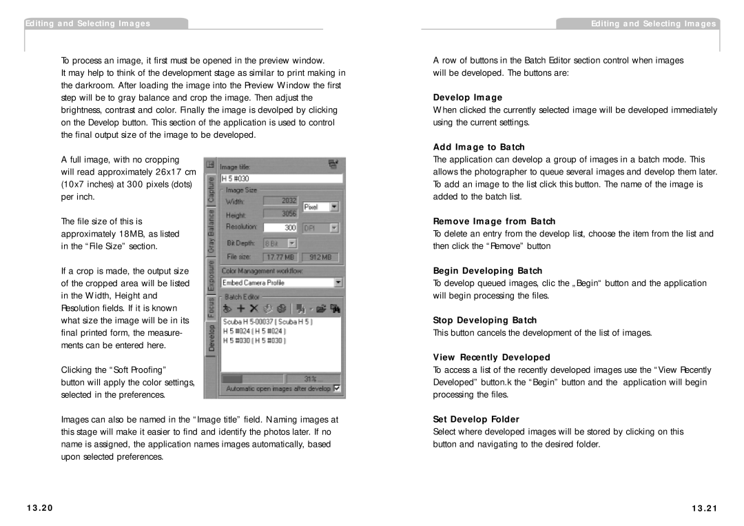 Phase One H 5 Develop Image, Add Image to Batch, Remove Image from Batch, Begin Developing Batch, Stop Developing Batch 