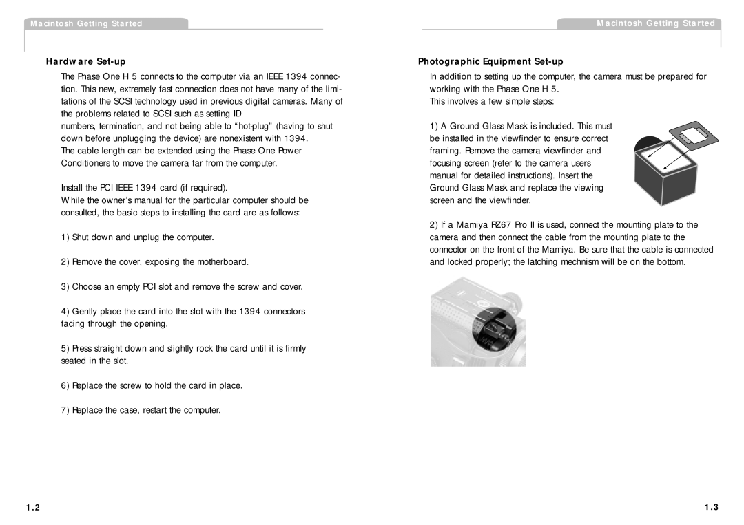 Phase One H 5 manual Hardware Set-up, Photographic Equipment Set-up 