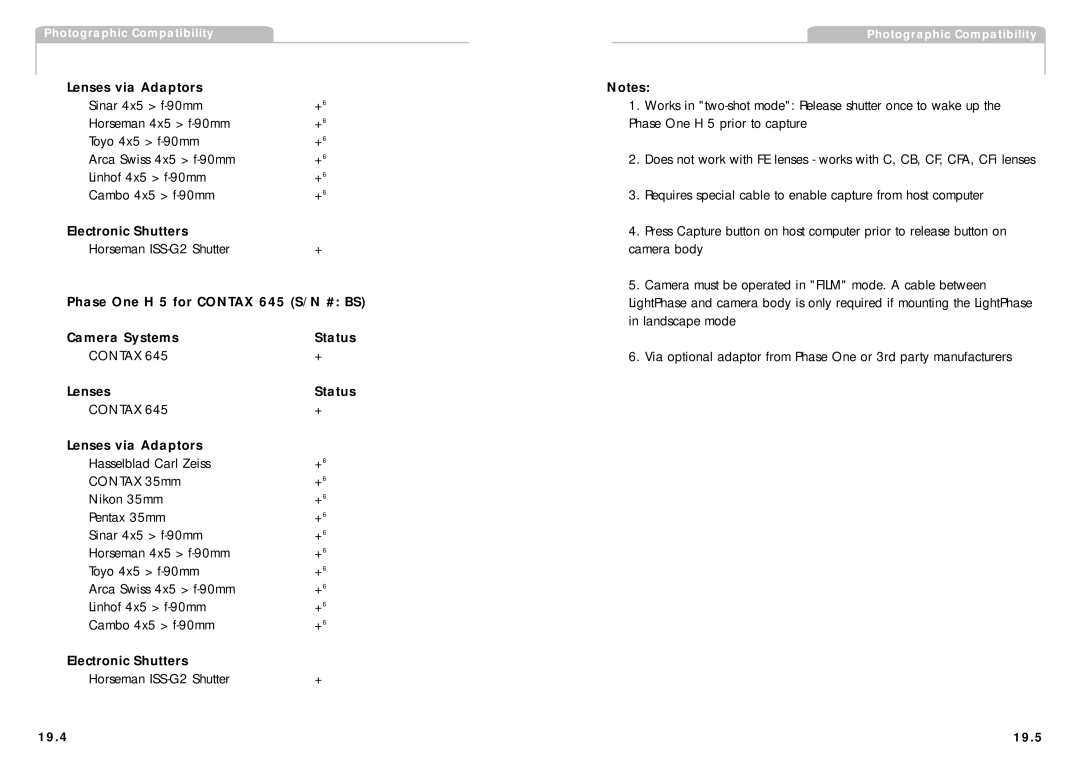 Phase One manual Phase One H 5 for Contax 645 S/N # BS Camera Systems Status, 19.4 19.5 